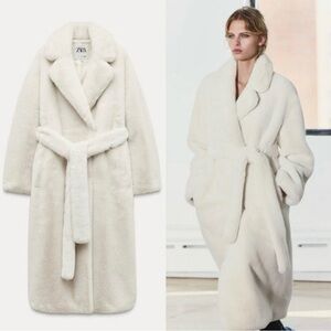 Zara long white faux fur wrap coat medium